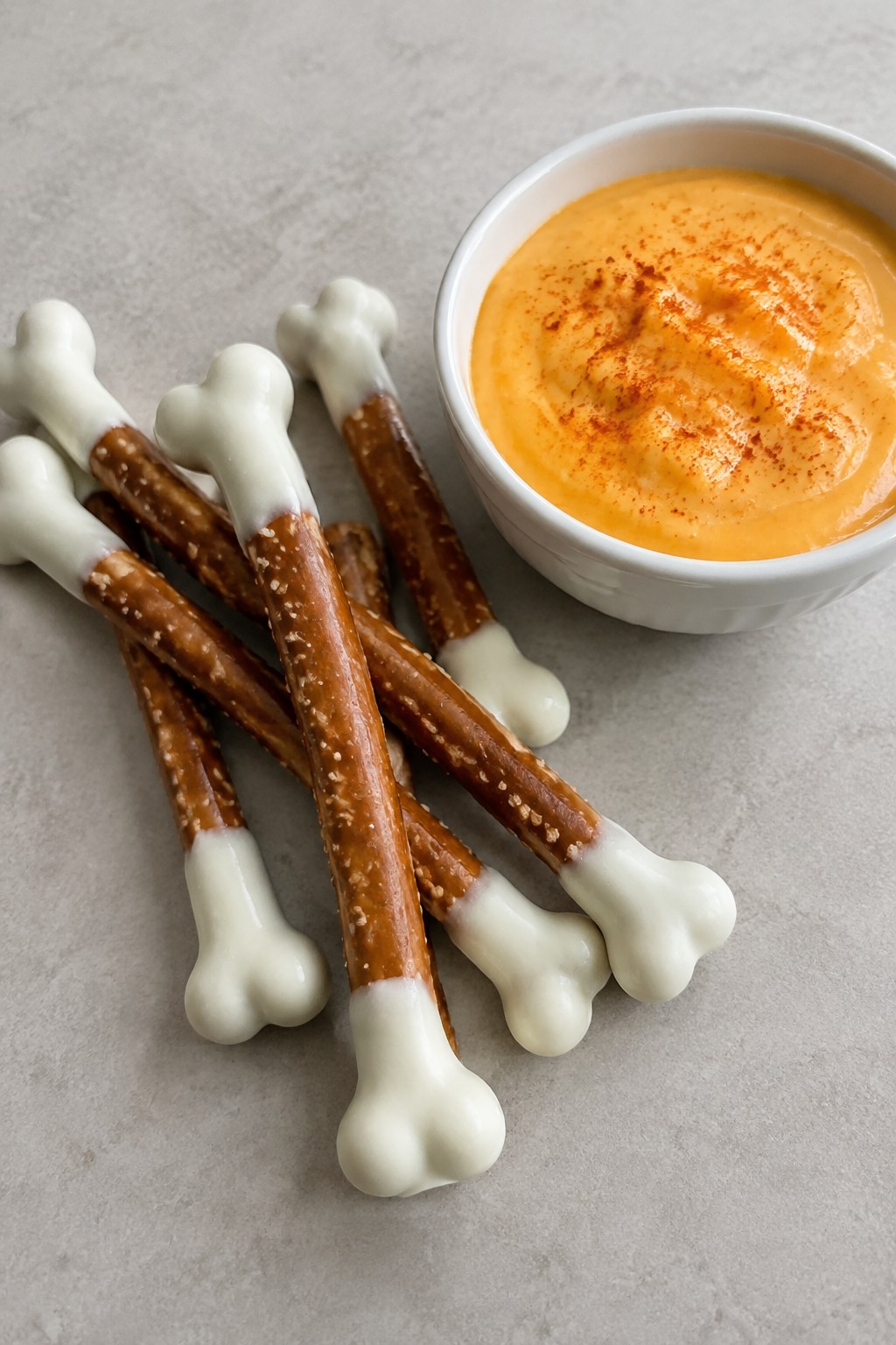 Skeleton Bone Pretzel Rods with Warm Cheese Fondue