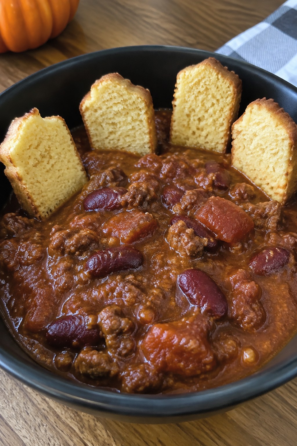Witch's Cauldron Beef Chili with Cornbread Tombstones
