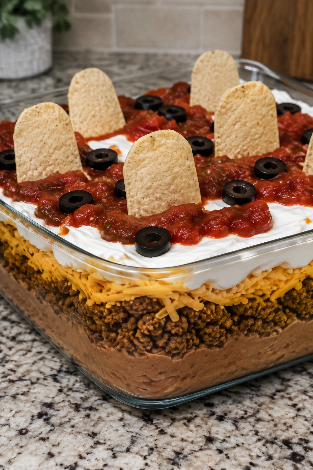 Graveyard Layered Taco Dip with Tortilla Chips