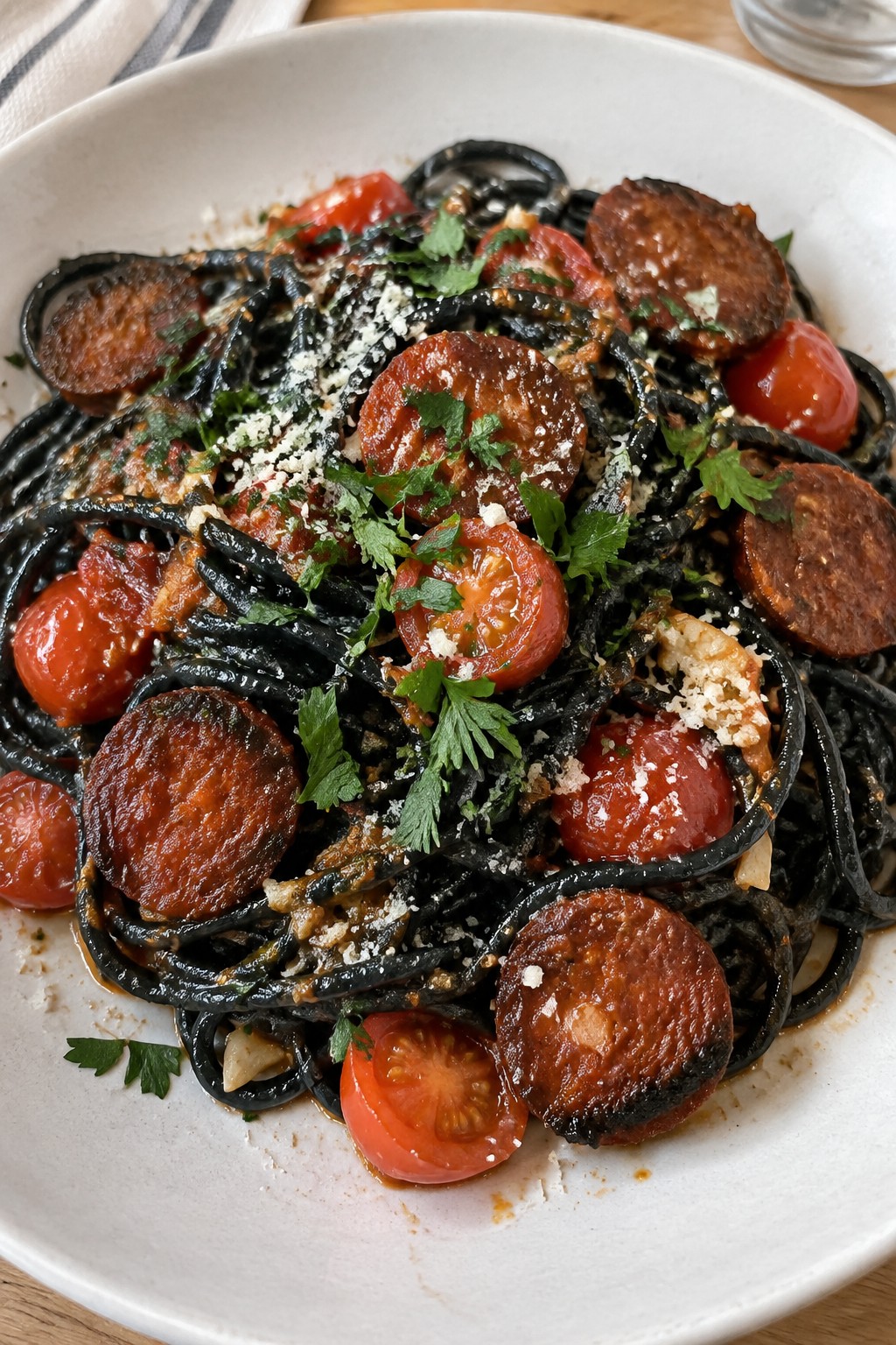 Witch's Brew Squid Ink Spaghetti with Chorizo