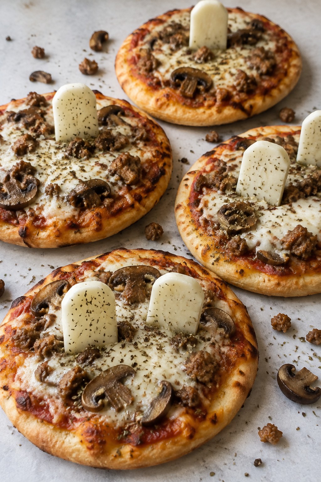 Graveyard Sausage and Mushroom Pizzas