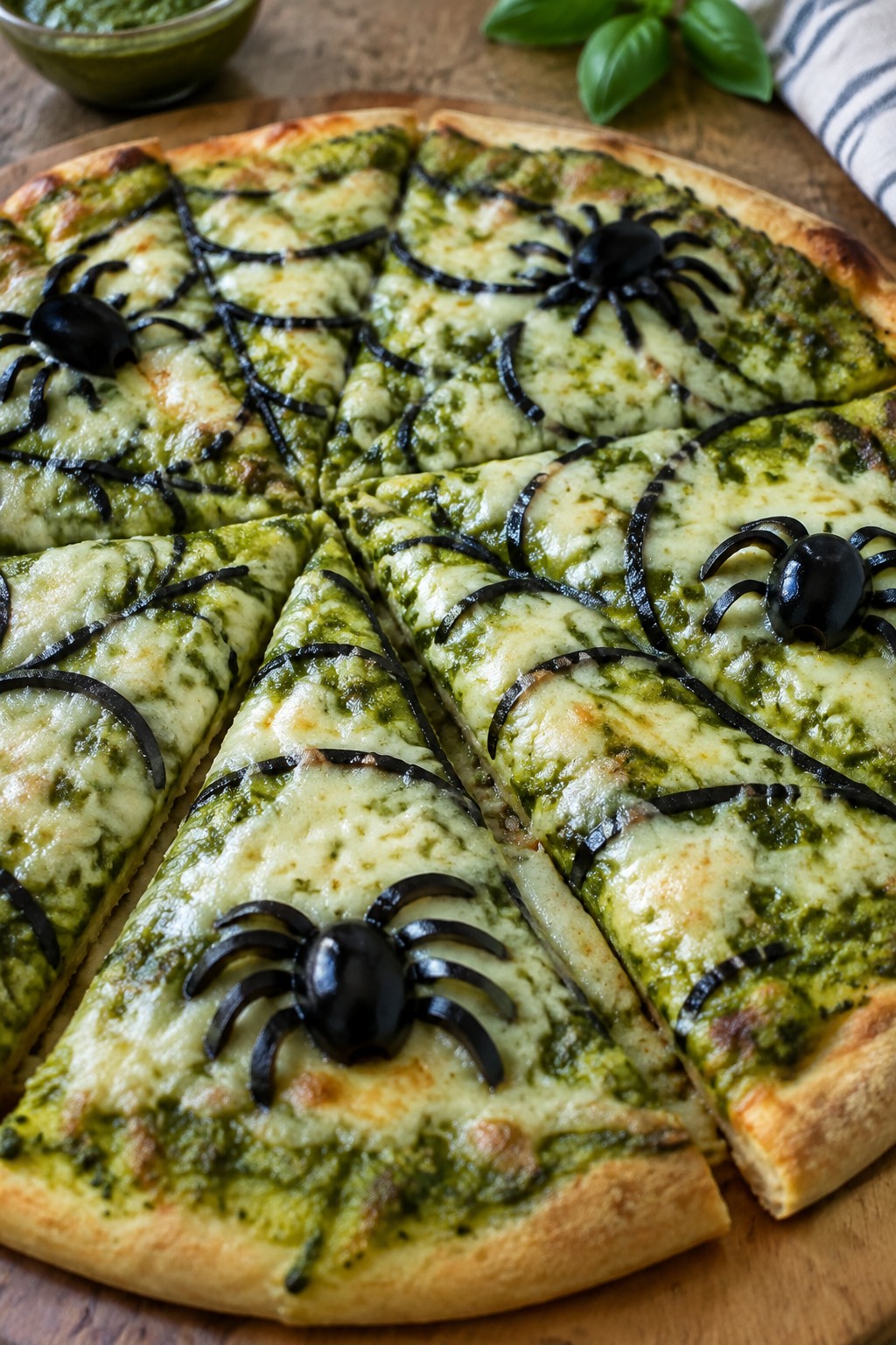 Spider Web Pesto and Olive Pizzas