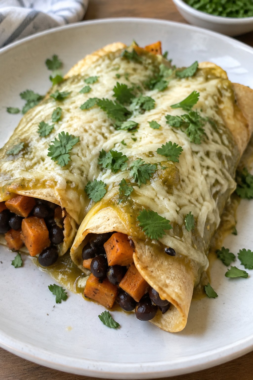 Black Bean and Sweet Potato Enchiladas with Green Salsa