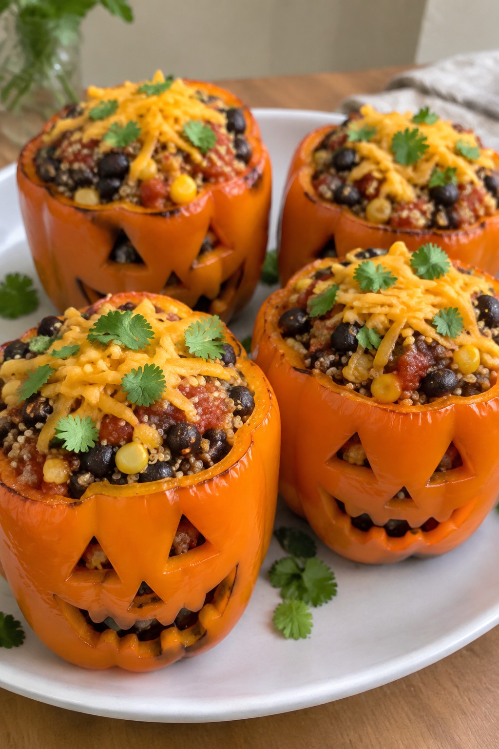 Jack-o'-Lantern Stuffed Peppers with Quinoa and Black Beans