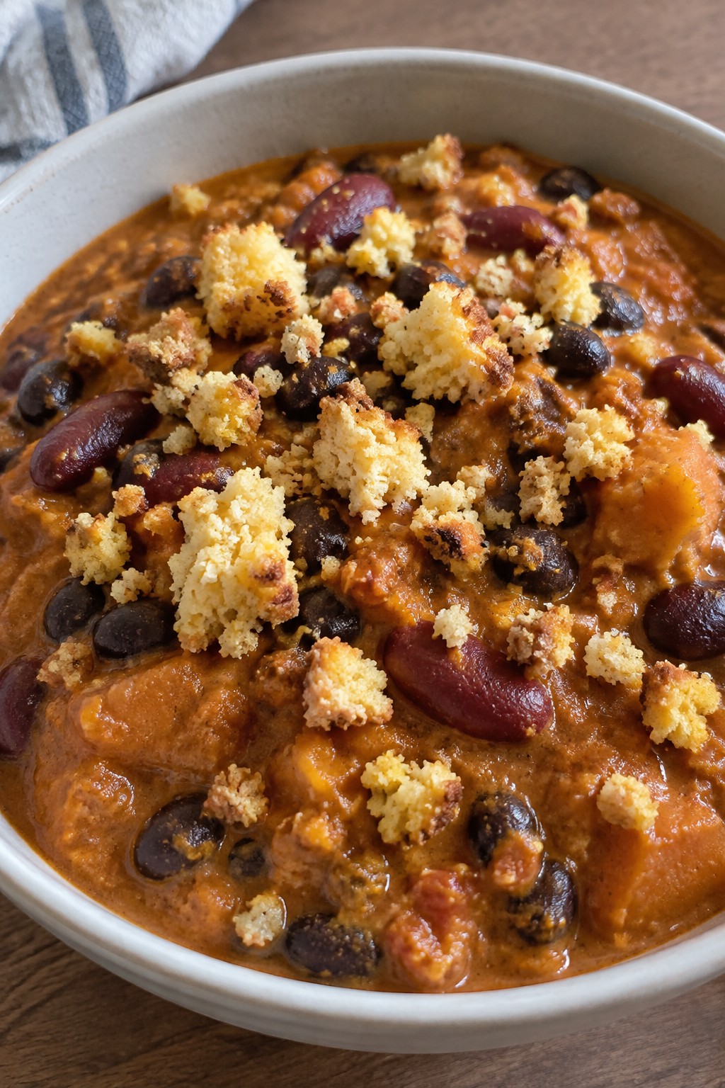 Spiced Pumpkin Chili with Cornbread Crumbles