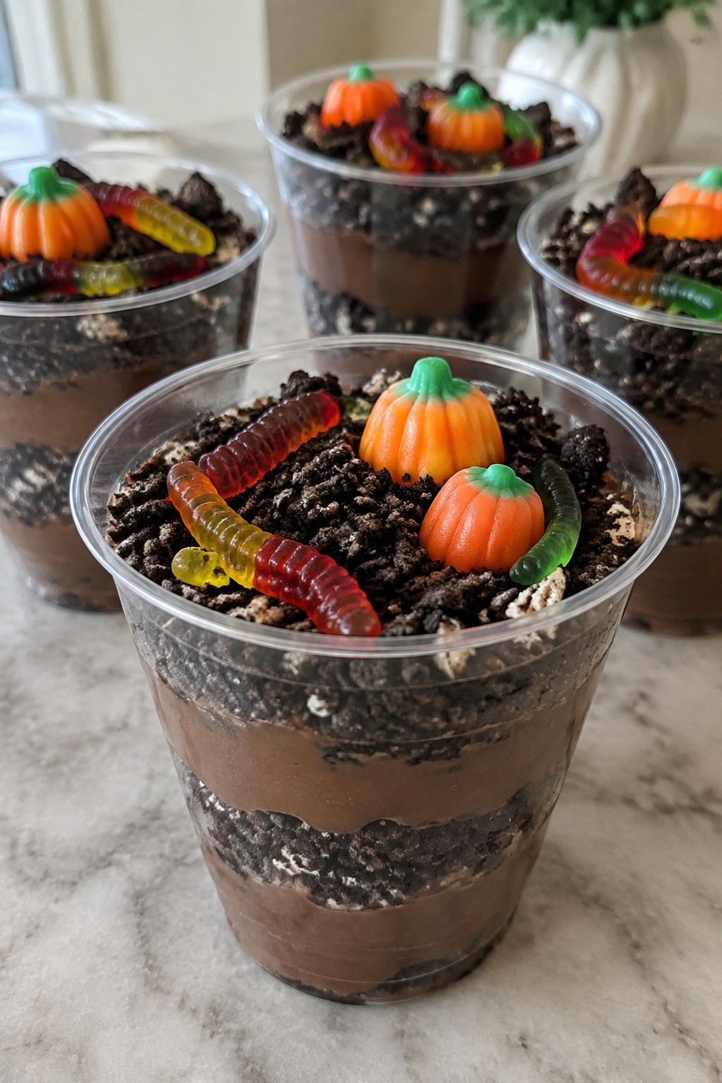 Pumpkin Patch Dirt Cups Built with Pudding and Gummy Worms