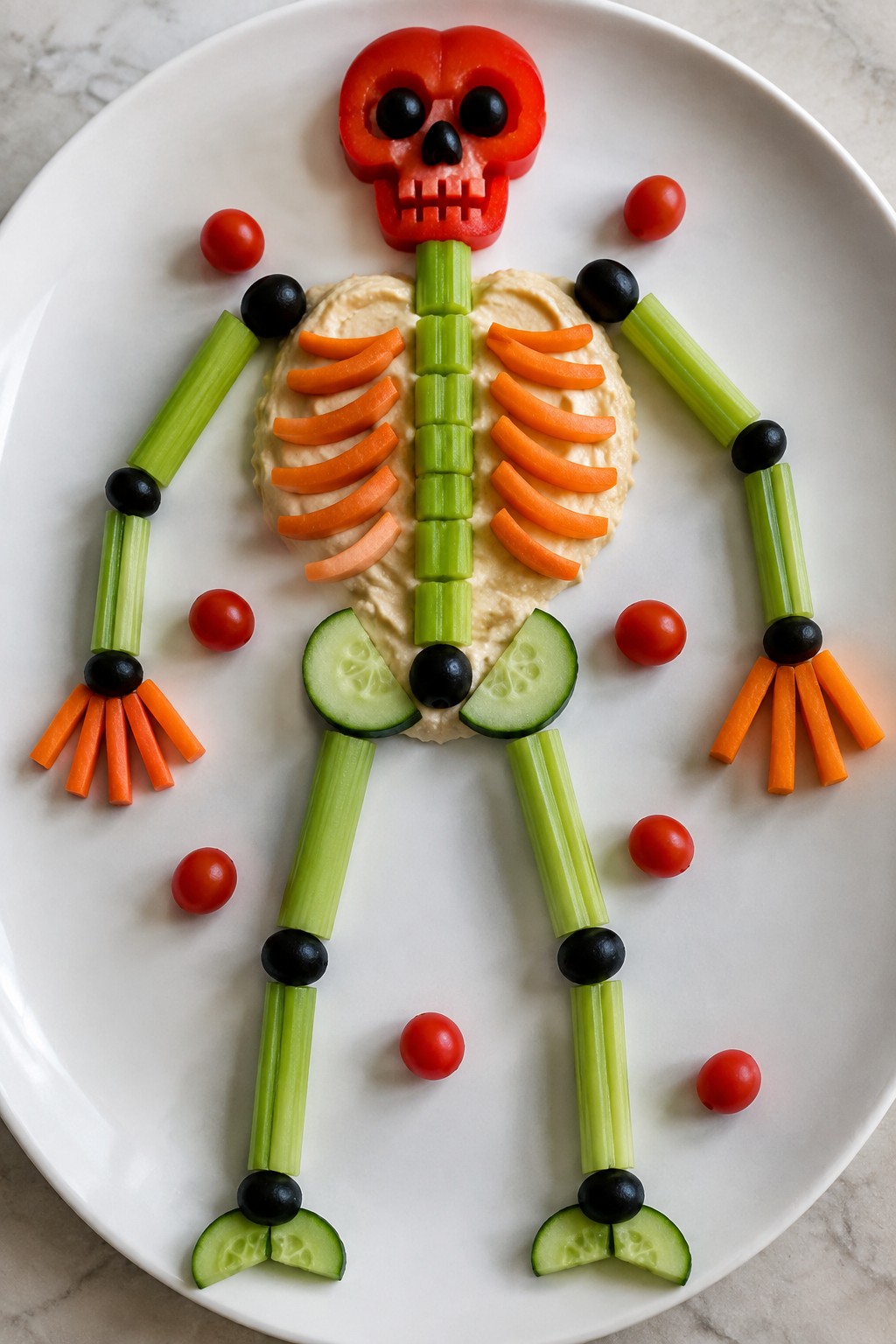 Skeleton Veggie Platter with Hummus Dip and Olive Bones