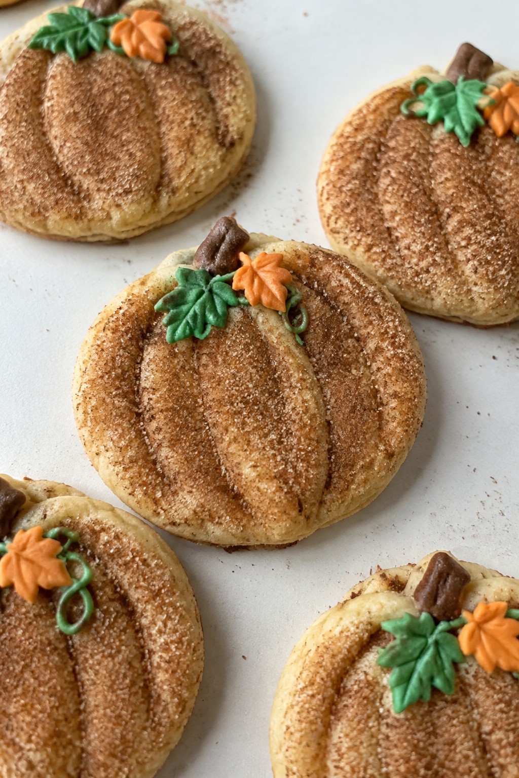 Pumpkin Patch Sugar Cookies with Cinnamon-Sugar Tops and Leaf Icing