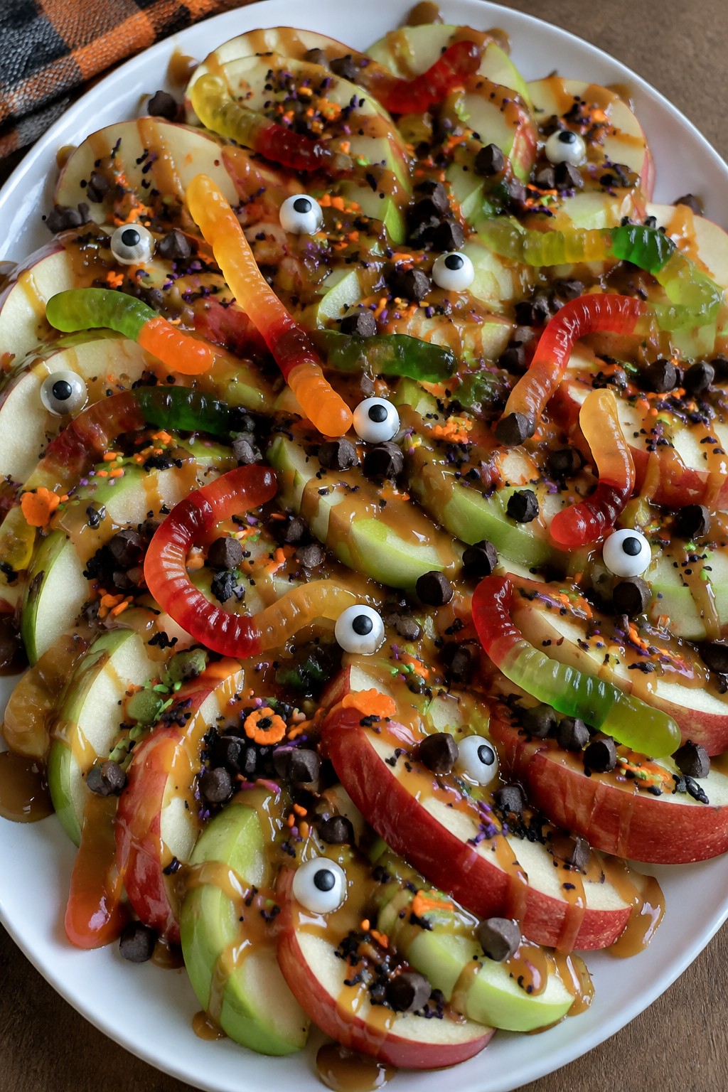 Creepy Crawler Apple Nachos with Caramel and Candy Toppings
