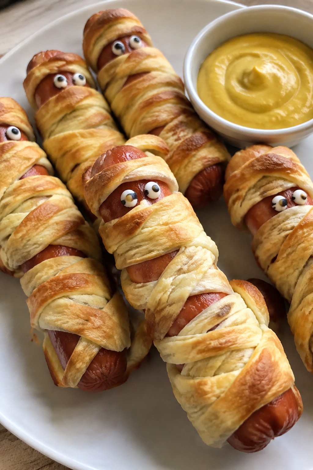 Mummy Hot Dog Wraps with Mustard Dip