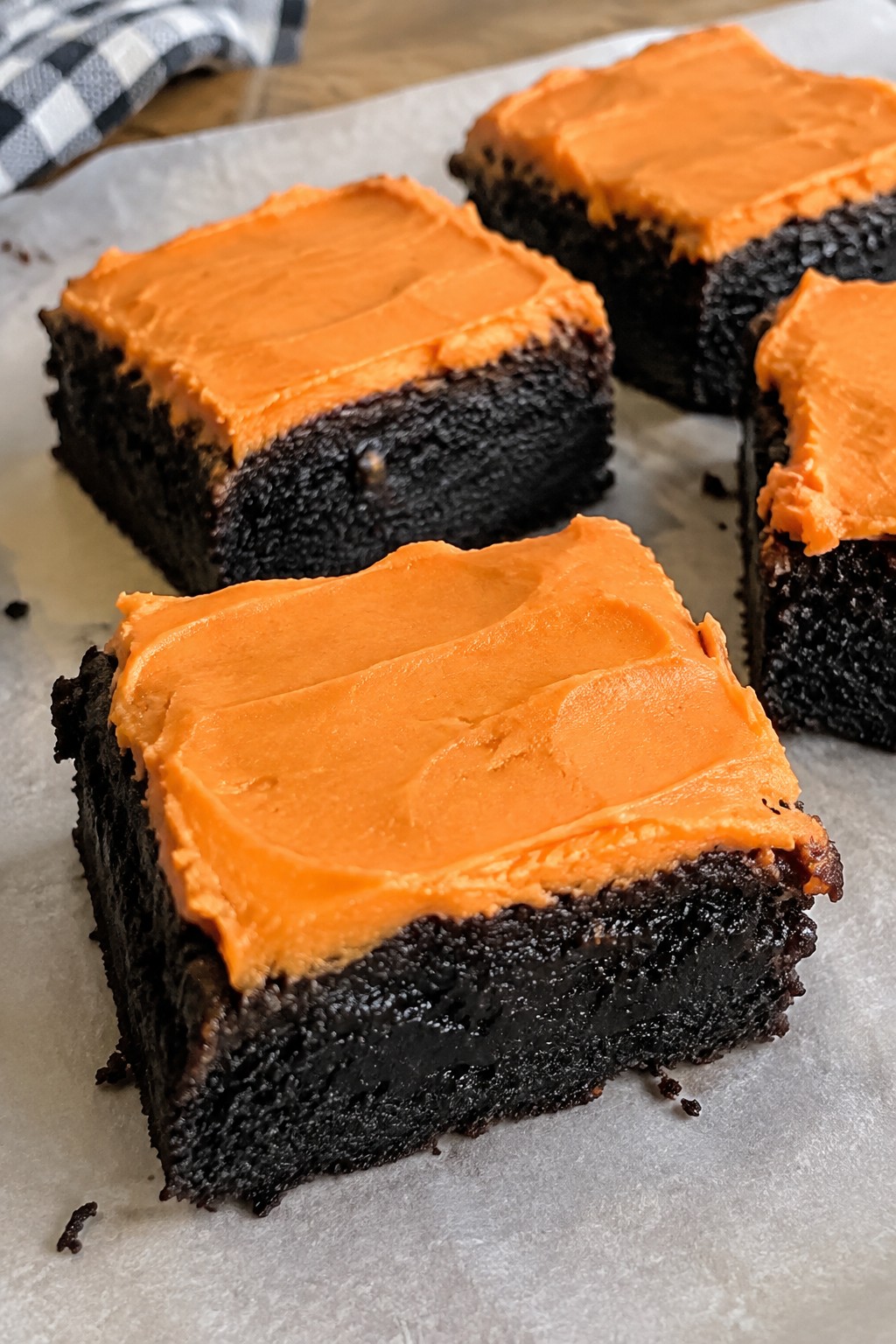 Black Cat Fudgy Brownie Squares with Orange Frosting