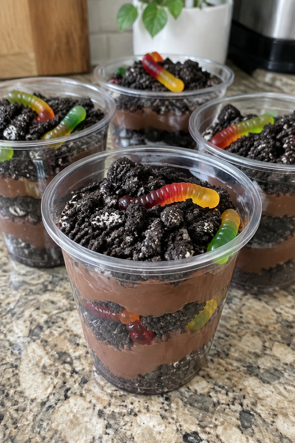 Graveyard Dirt Pudding Cups with Gummy Worms
