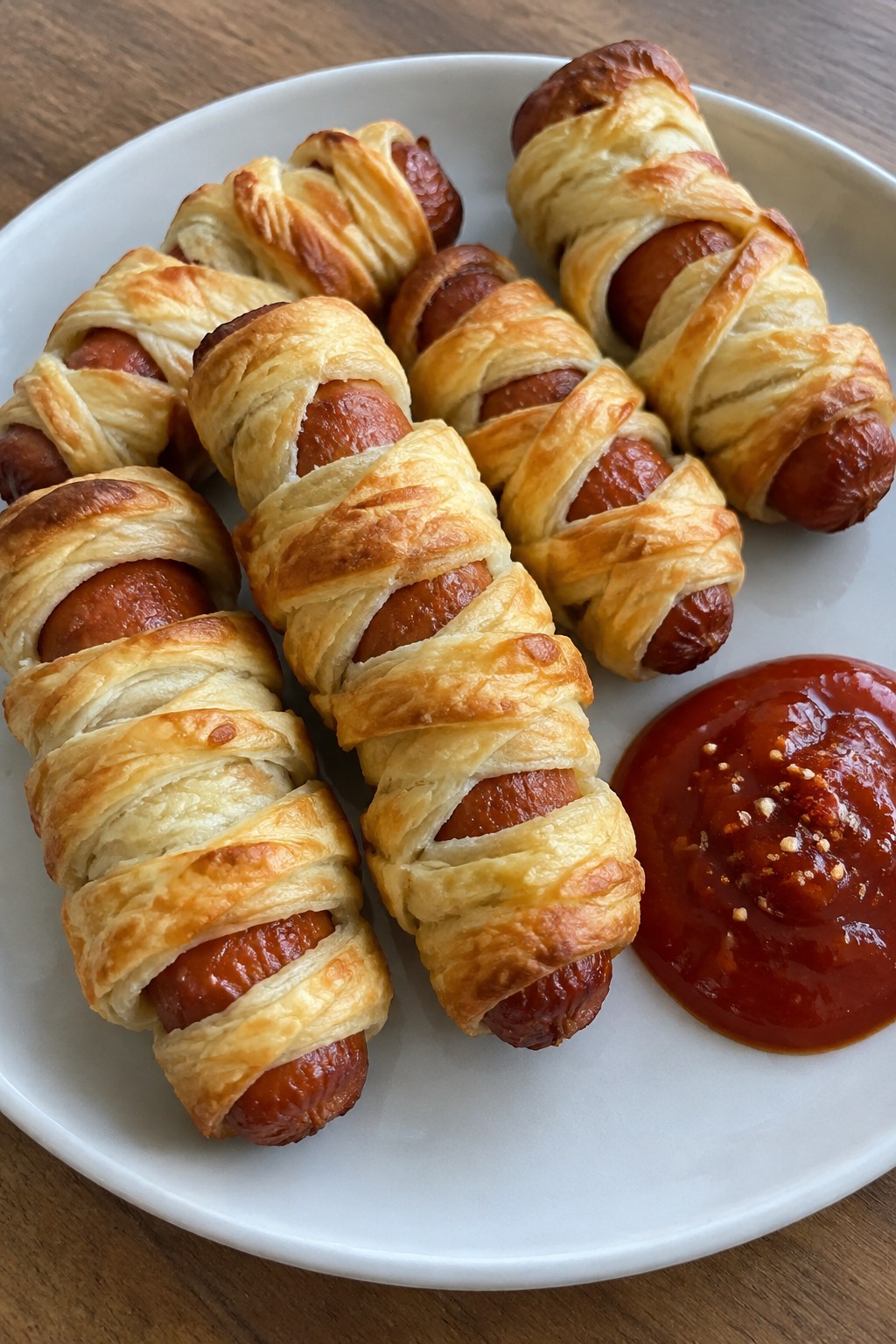 Mummy-Wrapped Sausage Rolls with Spicy Ketchup Dip