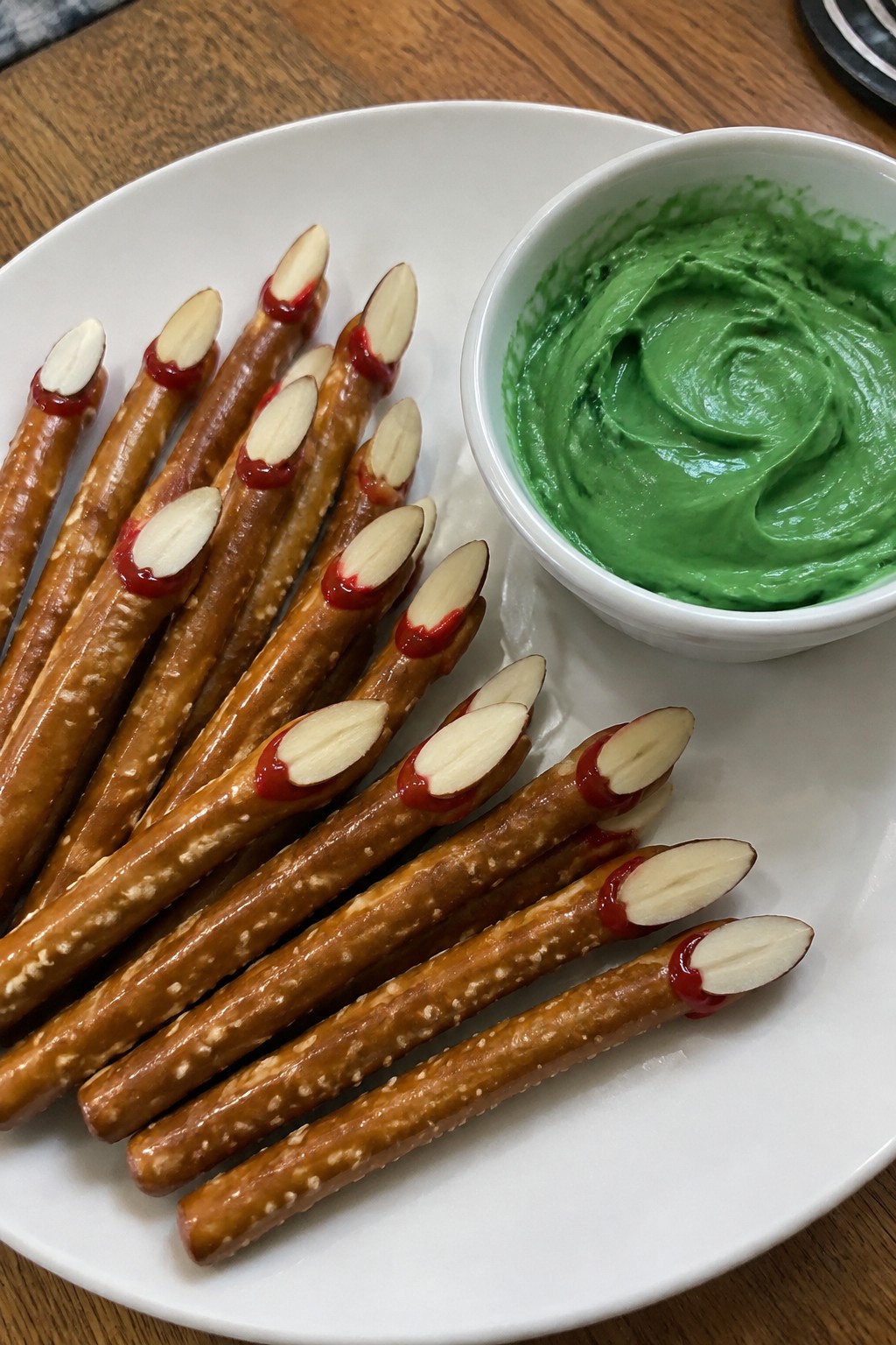 Witch Finger Pretzel Rods with Green Dip