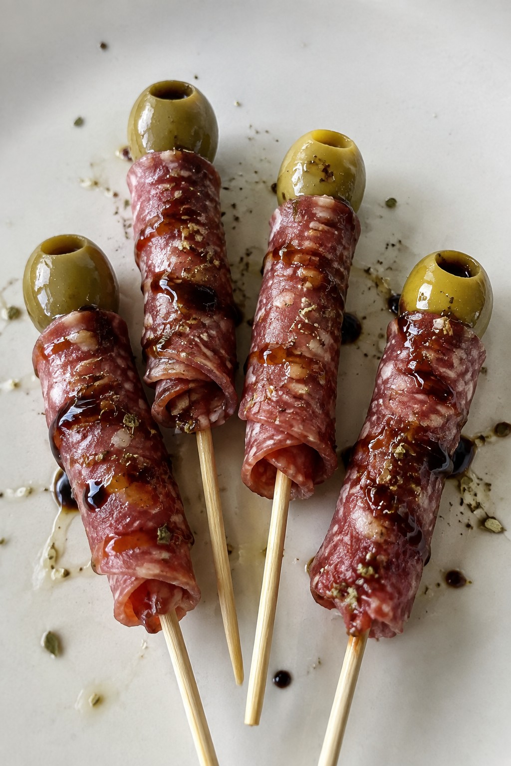 Olive and Salami Witch Finger Skewers with Balsamic Drizzle