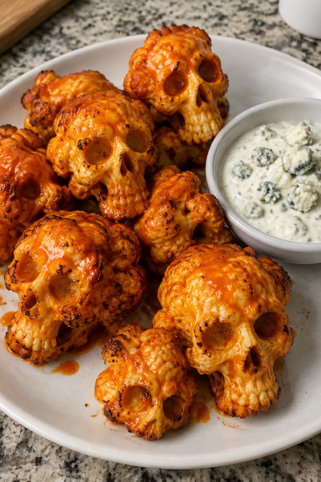 Spicy Buffalo Cauliflower Skulls with Blue Cheese Dip
