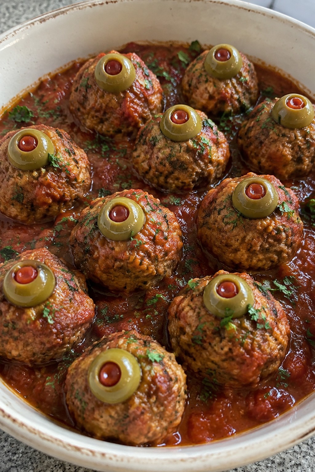Olive-Eyeball Turkey Meatballs in Marinara