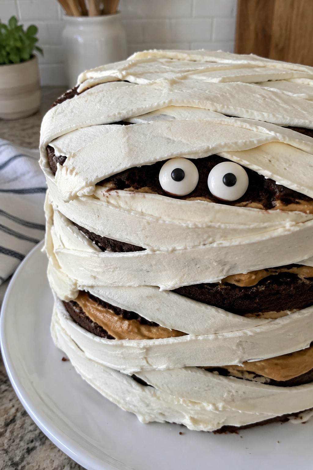 Mummy-Wrapped Chocolate Peanut Butter Cake