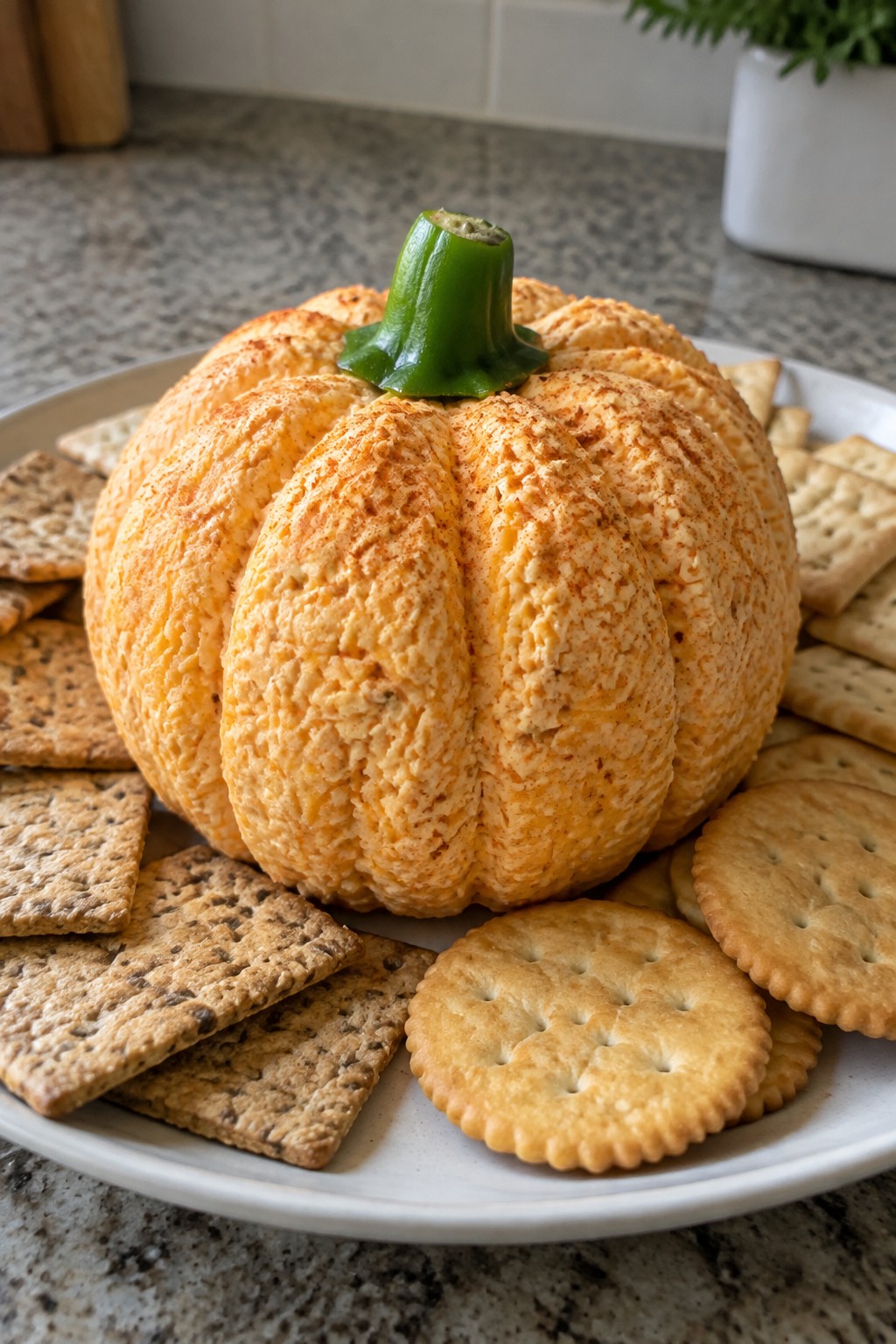 Pumpkin-Shaped Cheese Ball with Crackers