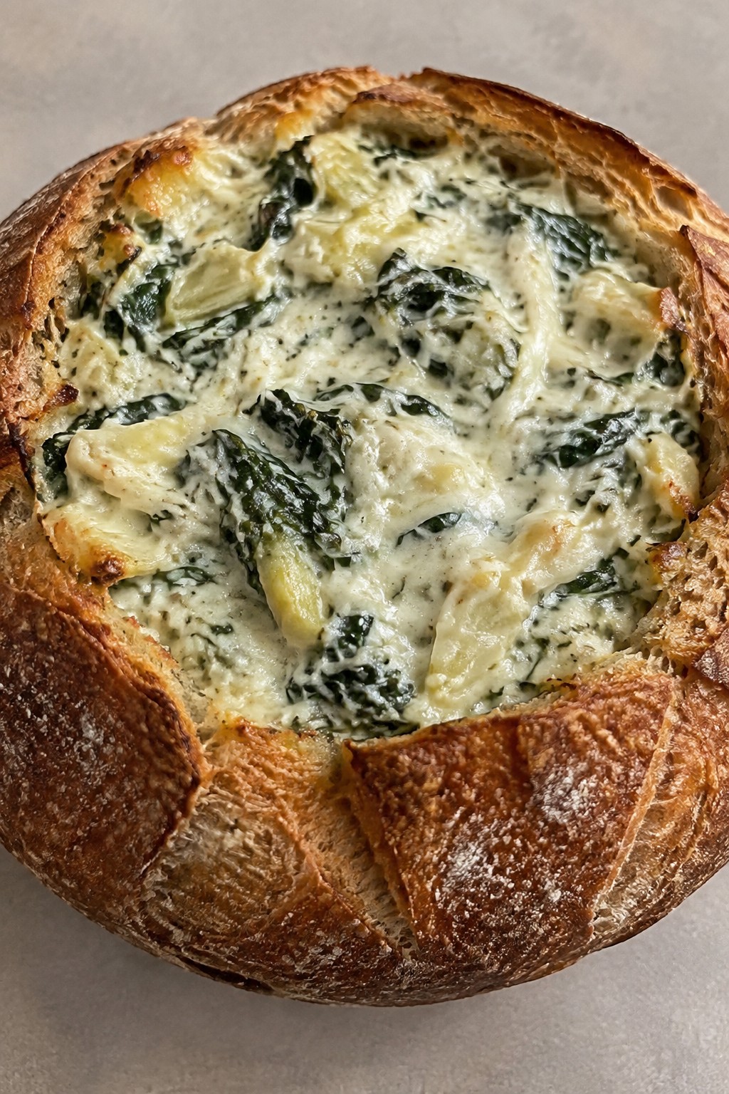 Spinach Artichoke Cauldron Dip with Bread Bowl