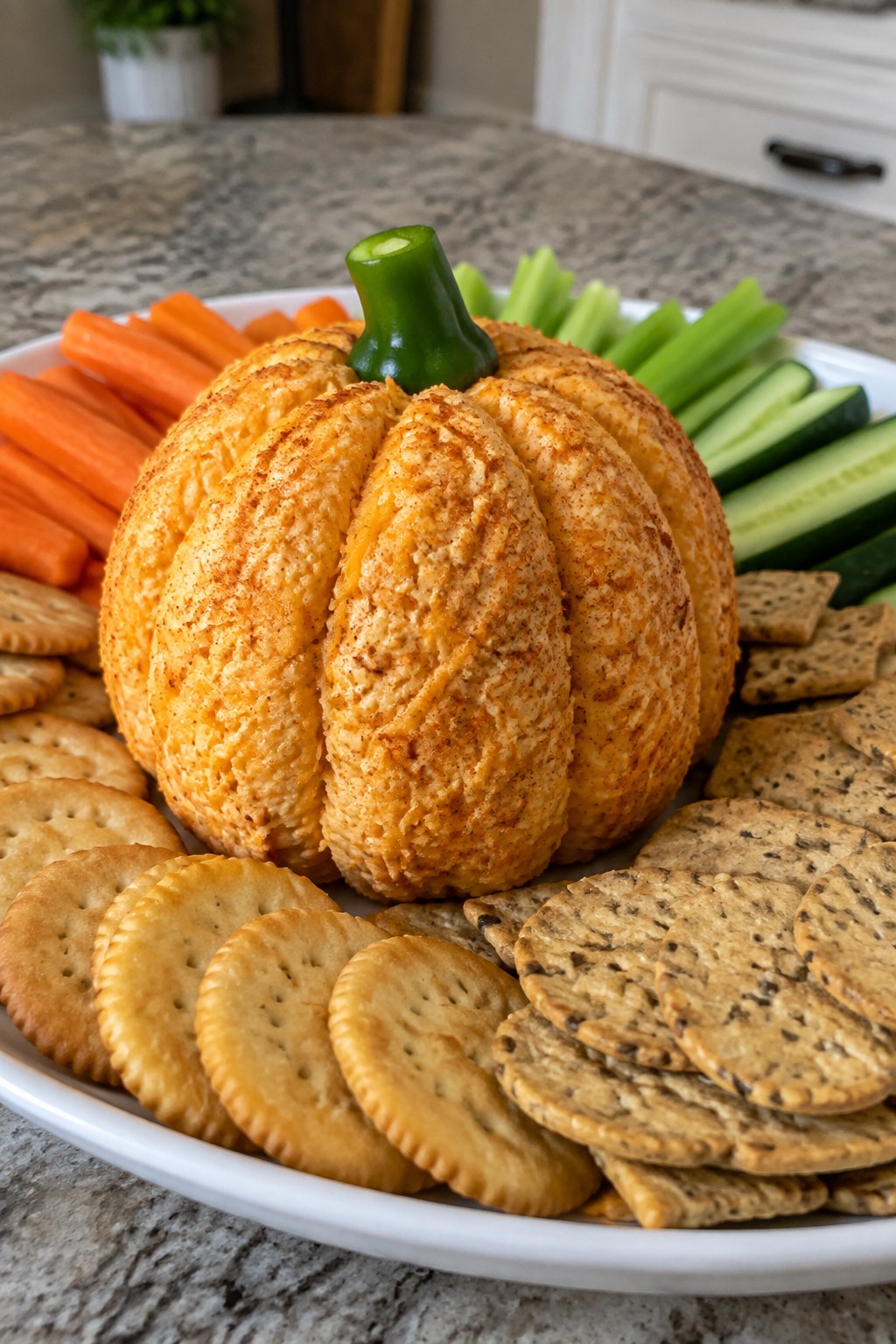 Pumpkin Cheese Ball Platter with Crackers and Veggies