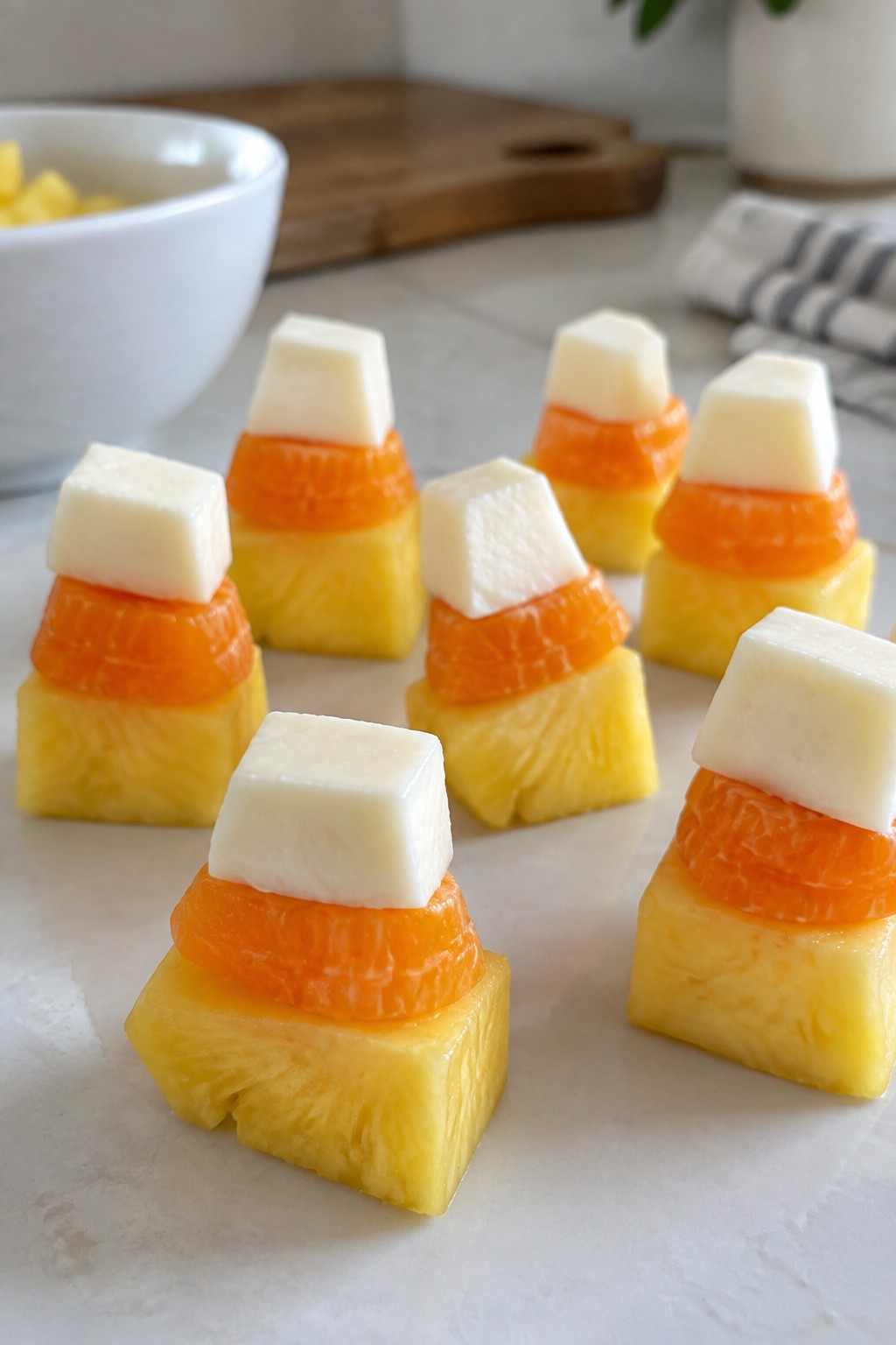 Candy Corn Fruit and Cheese Stacks