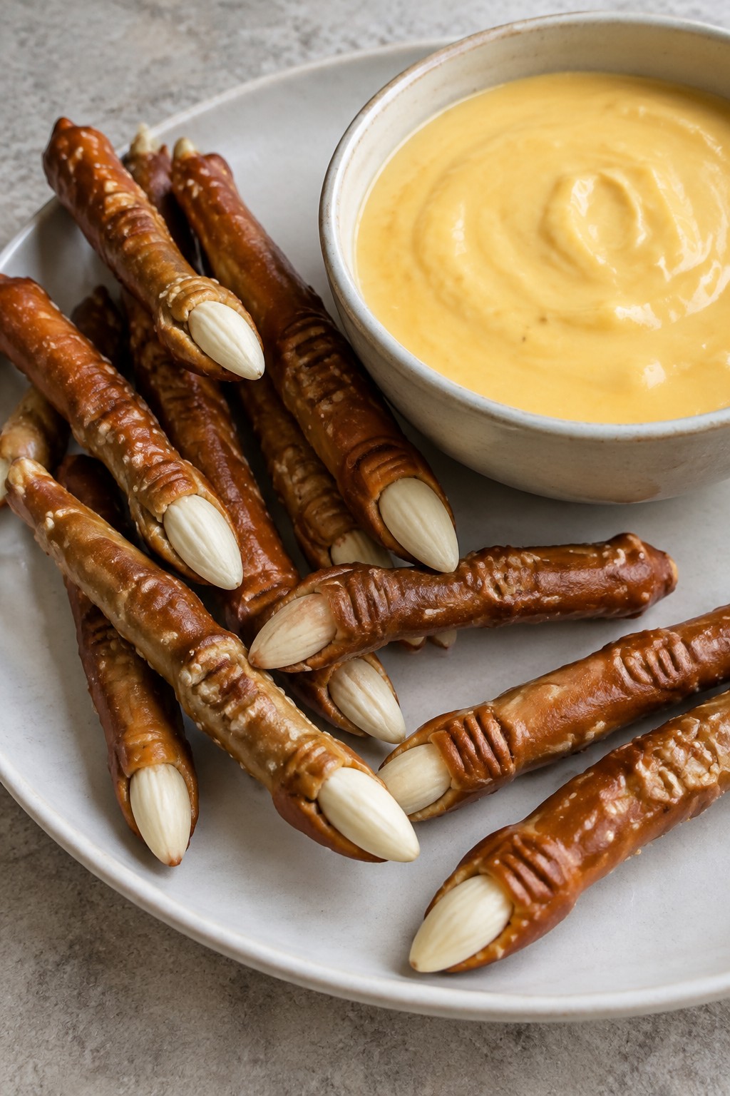 Witch Finger Pretzel Rods with Cheese Dip