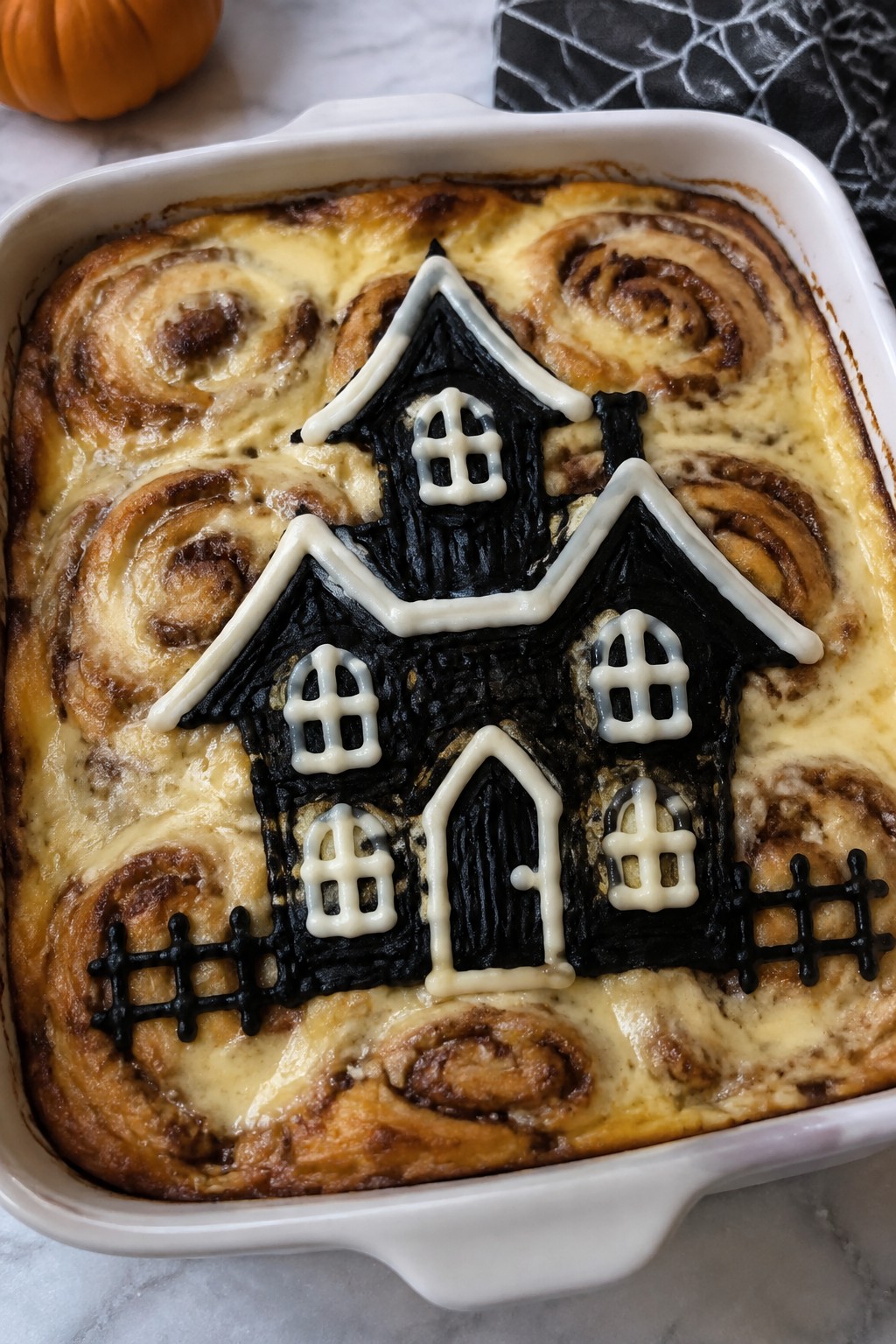 Haunted House Cinnamon Roll Breakfast Casserole