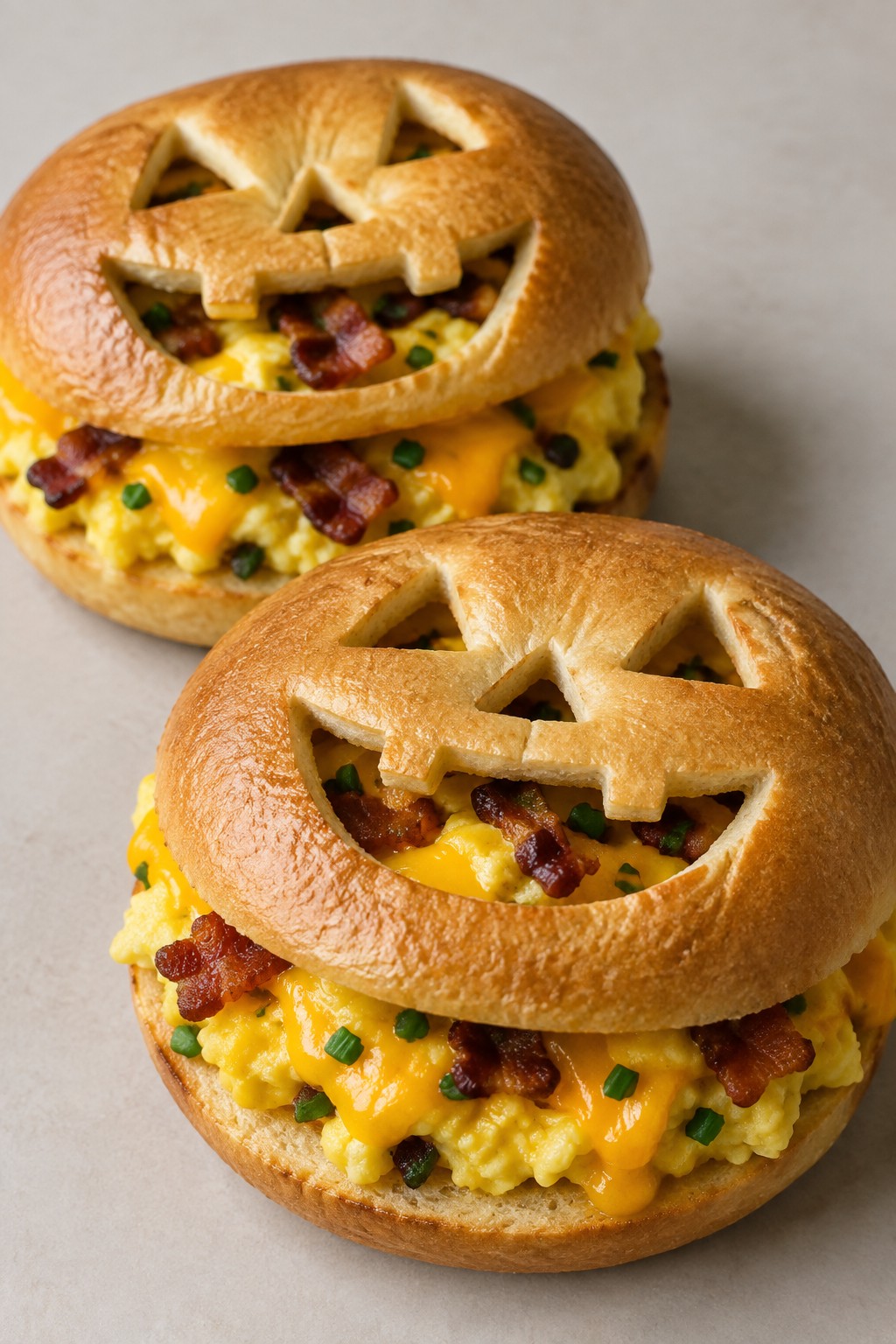 Jack-o'-Lantern Stuffed Bagel Breakfast Sandwiches
