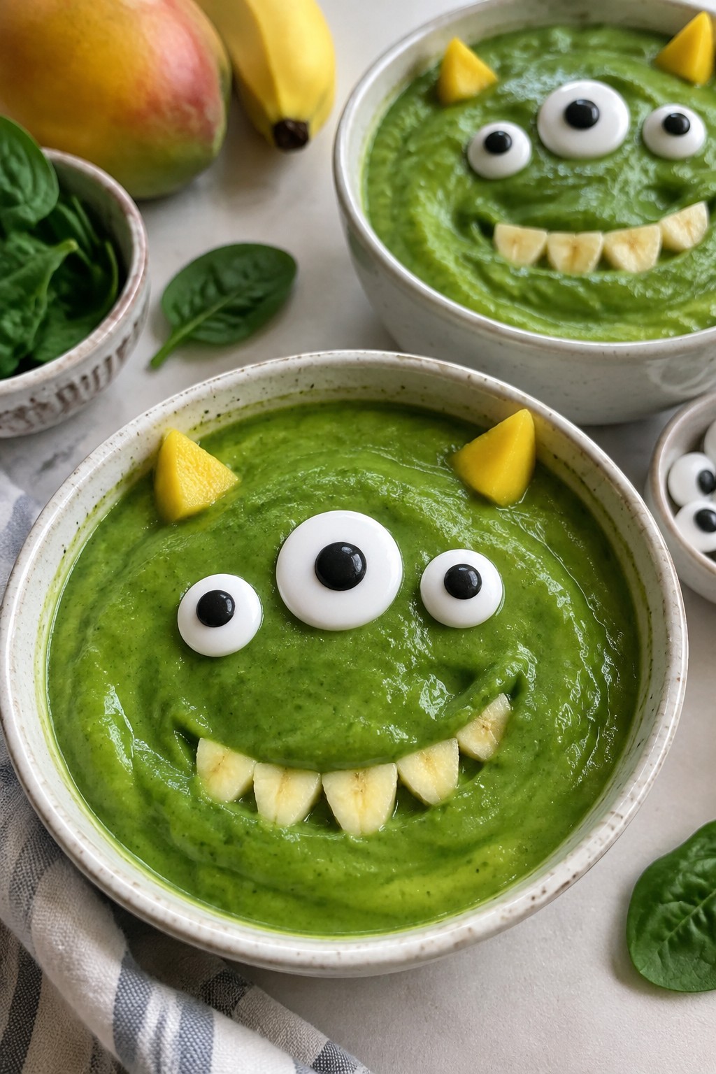 Monster Green Smoothie Bowls with Candy Eyes