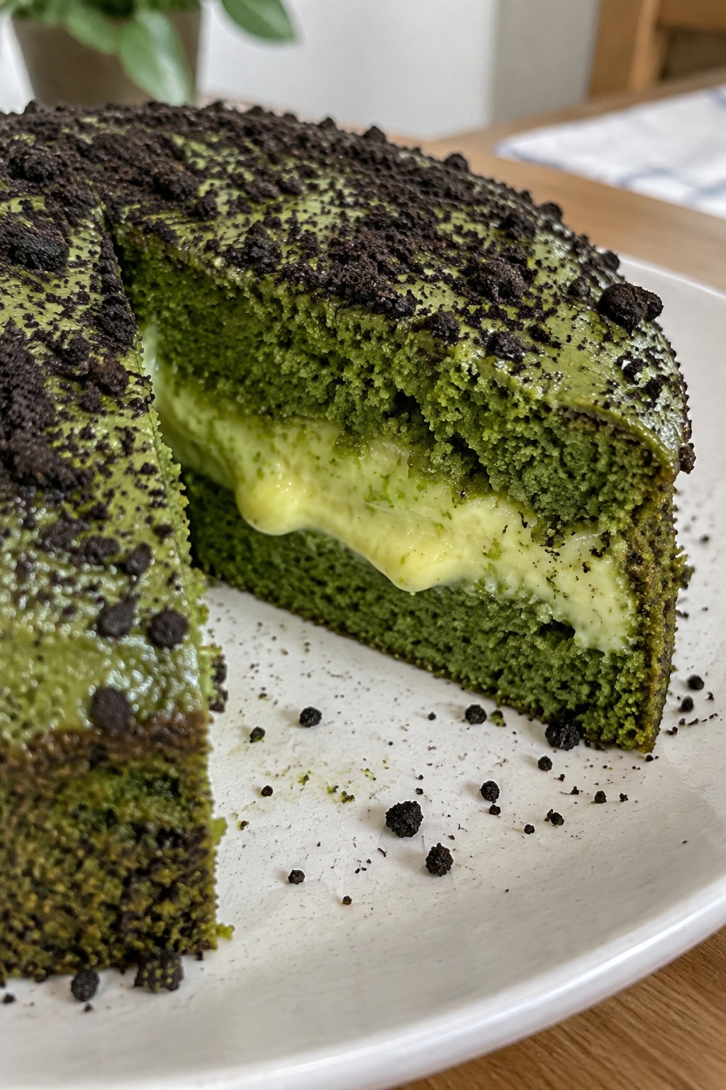 Matcha Witch's Cauldron Cake with Lime Curd and Black Cocoa Crumbs