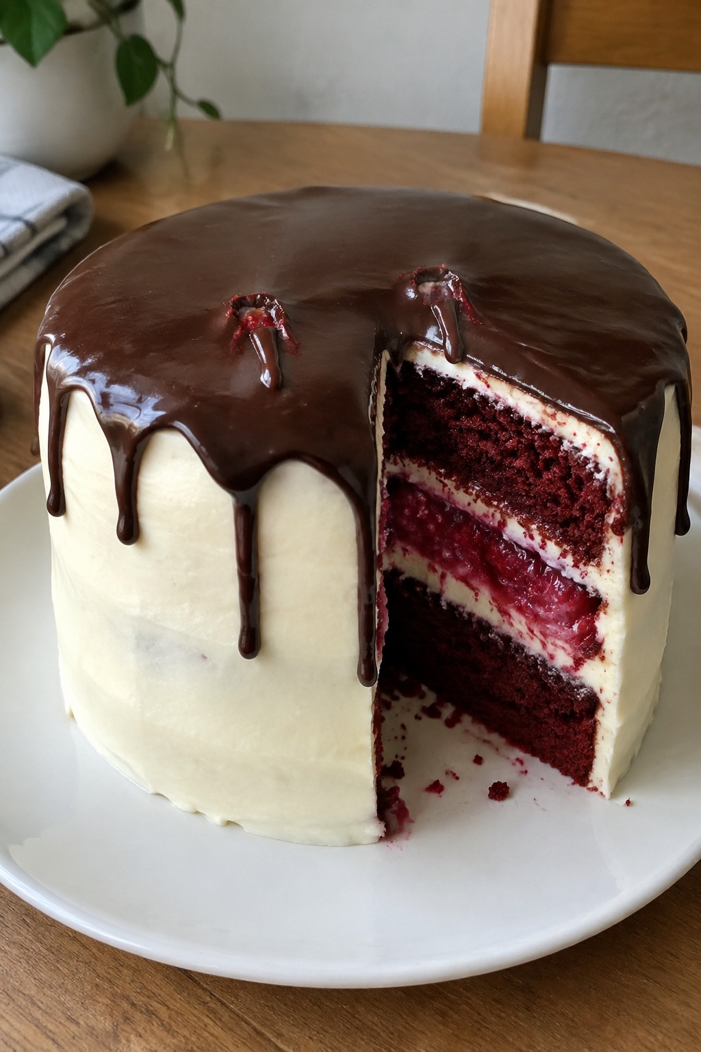 Red Velvet Vampire Bite Cake with Raspberry Filling and Ganache Drips