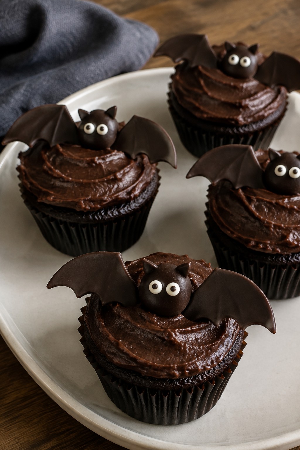 Chocolate Bat Cupcakes with Dark Cocoa Frosting and Wing Shapes