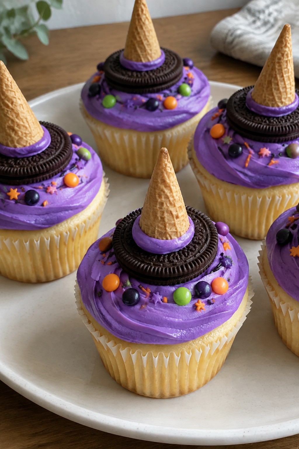 Lemon Witch Hat Cupcakes with Purple Frosting and Candy Hats