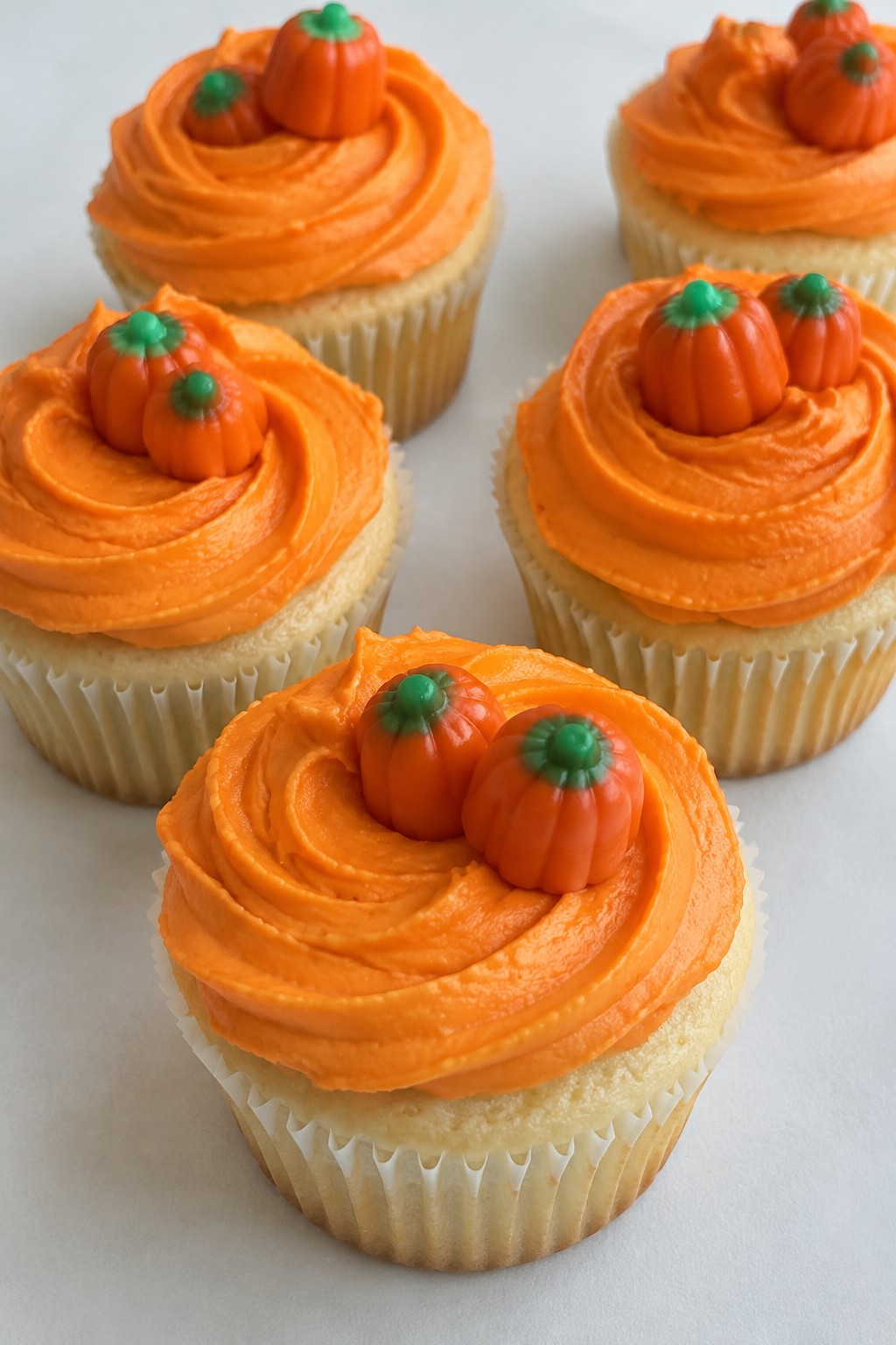 Pumpkin Patch Vanilla Cupcakes with Orange Frosting and Candy Pumpkins