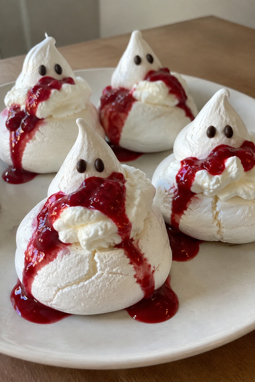 Ghost Meringue Pavlovas with Berry Coulis