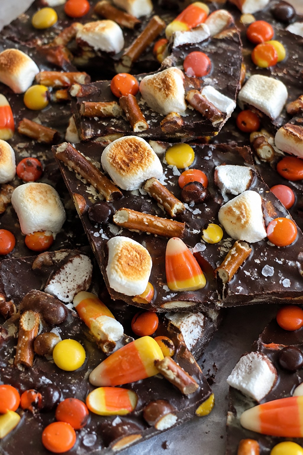 Halloween Candy Bark with Pretzels and Toasted Marshmallows
