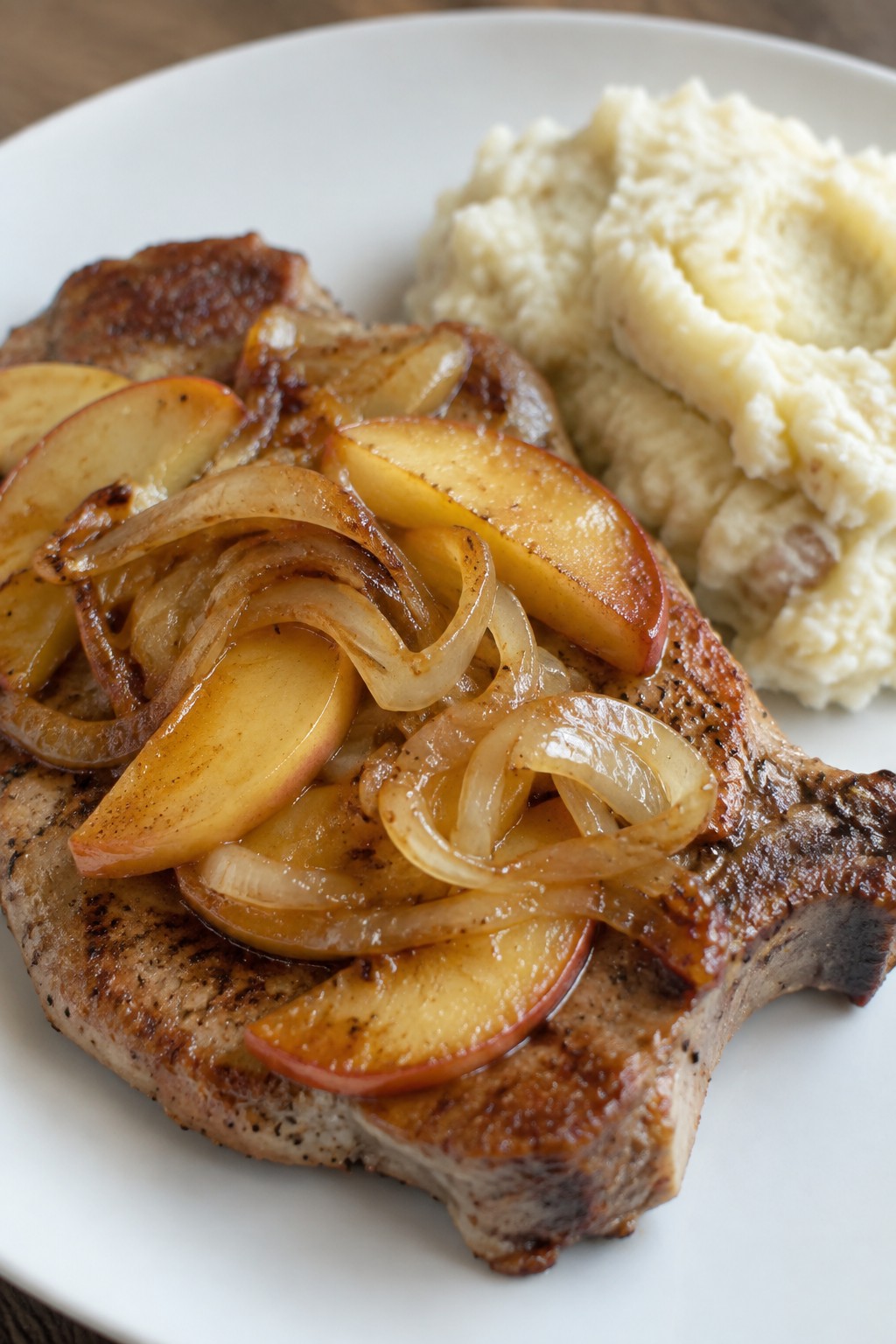 Caramelized Onion and Apple Pork Chops with Mashed Potatoes
