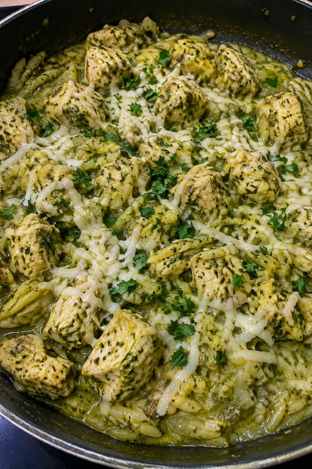 Frankenstein Green Pesto Chicken Skillet with Orzo