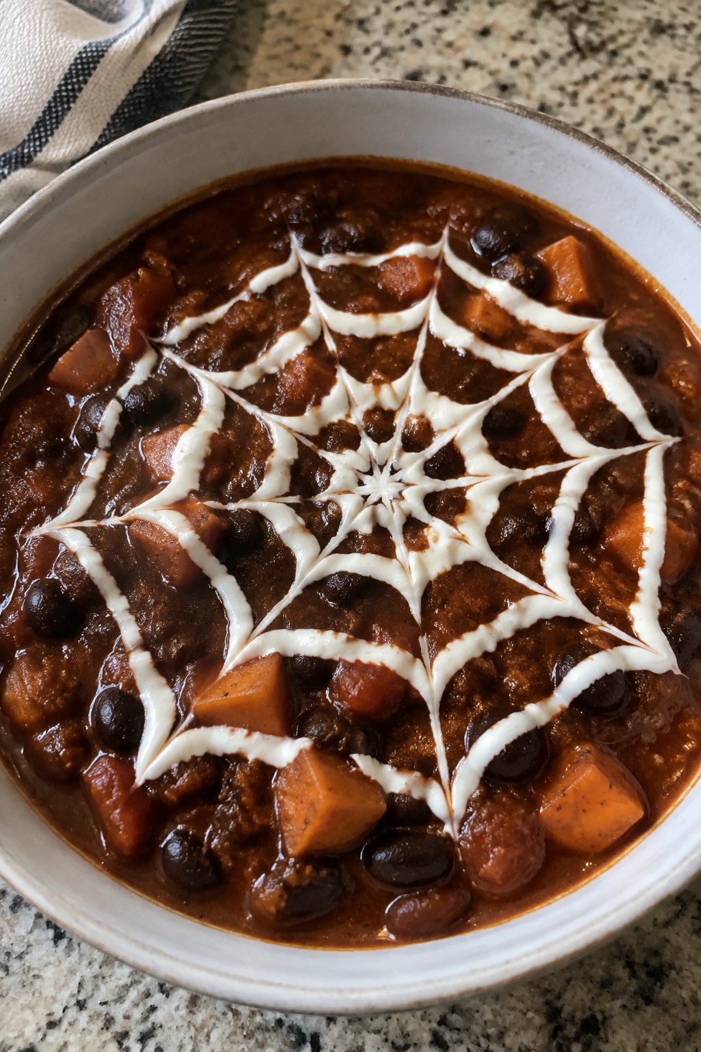 Spiderweb Black Bean and Sweet Potato Chili