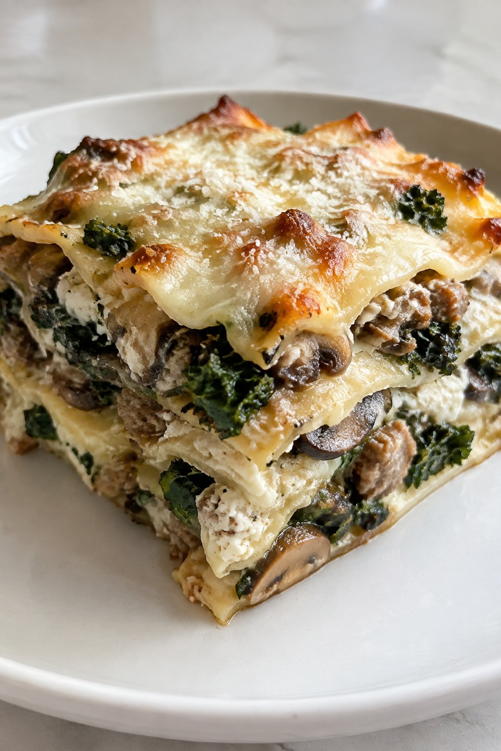 Creamy Mushroom and Kale Lasagna with Italian Sausage