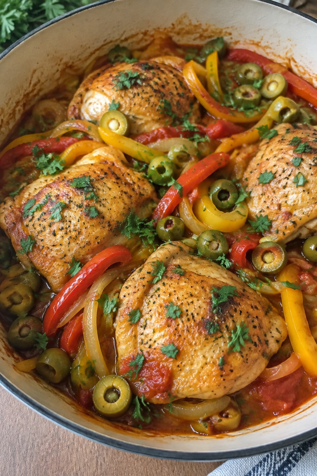 Skillet Chicken Cacciatore with Bell Peppers and Olives