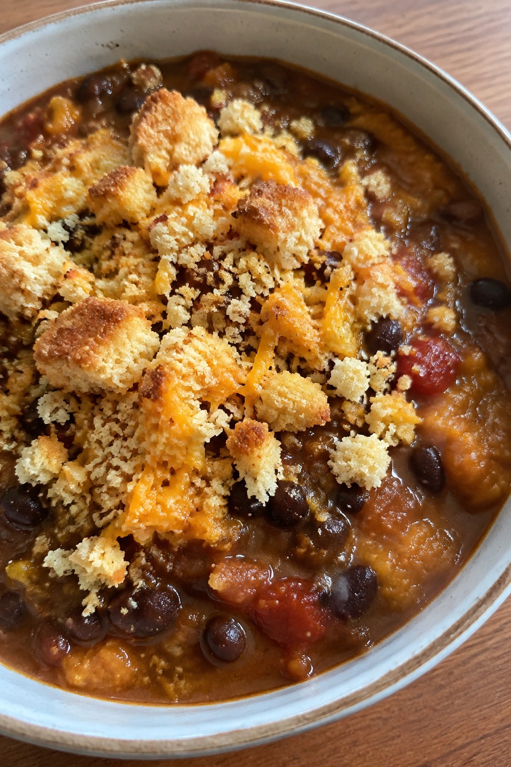 Smoky Black Bean and Pumpkin Chili with Cornbread Crumble