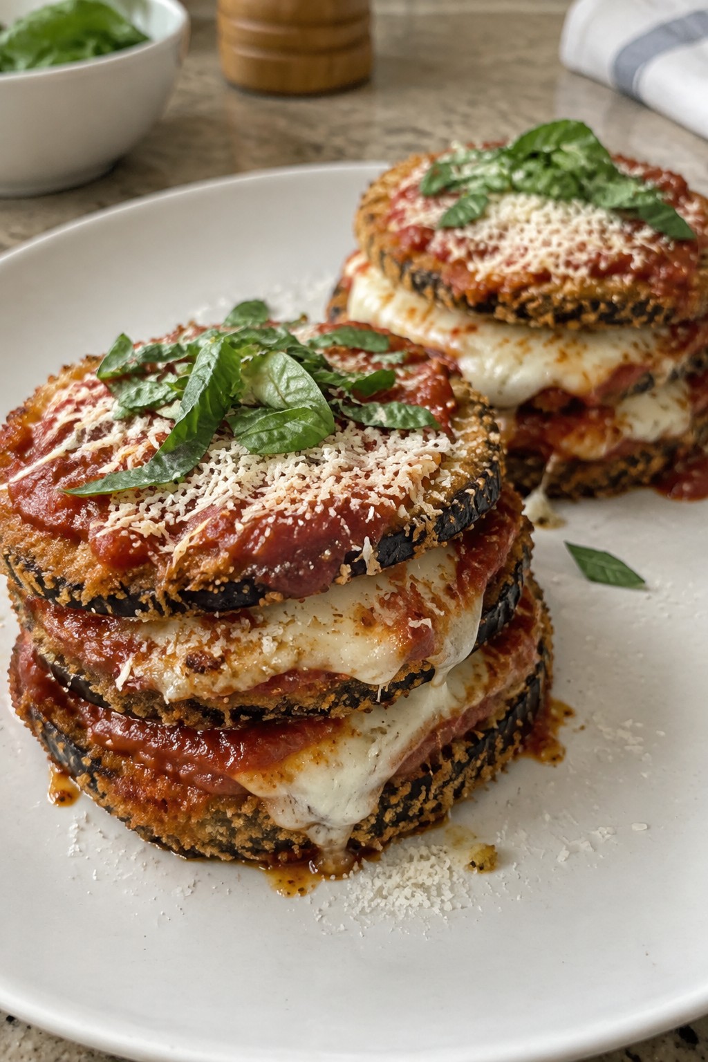 Vegetarian Eggplant Parmesan Stacks with Marinara and Mozzarella
