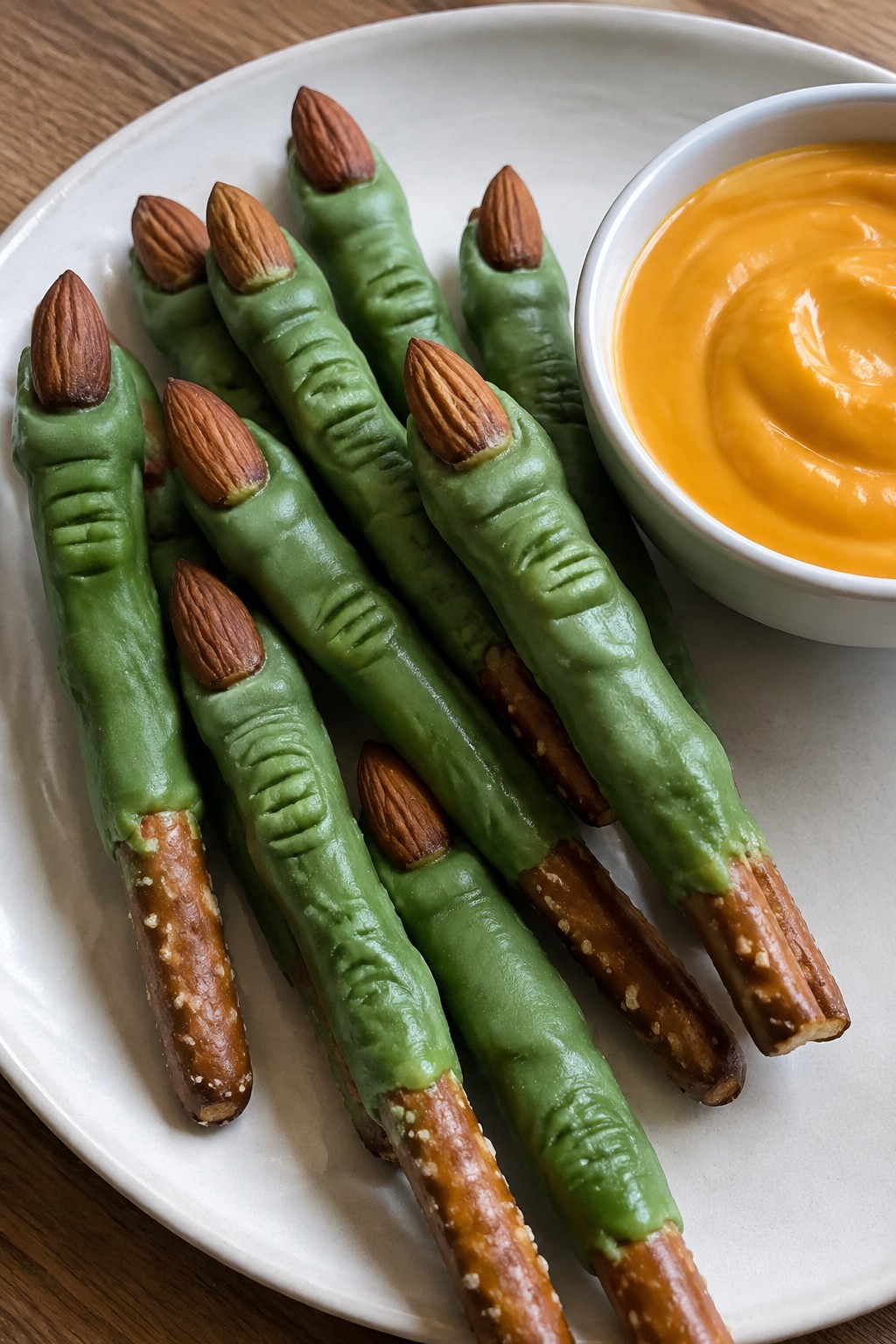 Witch Finger Pretzel Rods with Cheese Dip