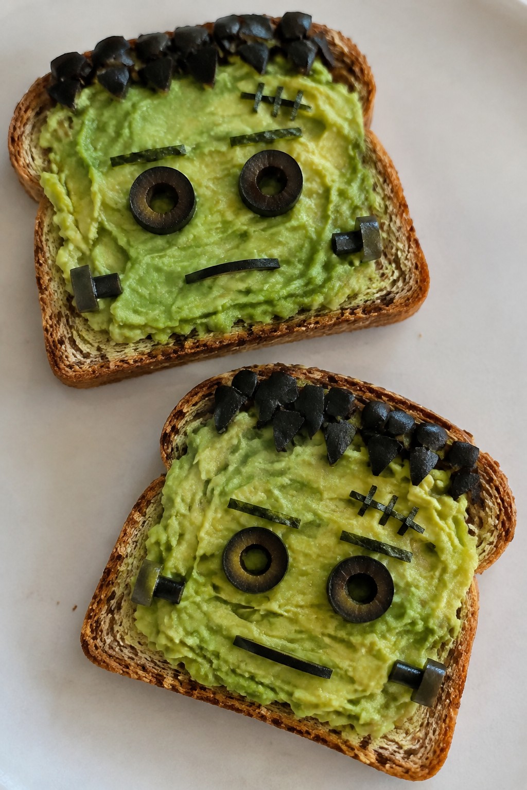Frankenstein Avocado Toast with Olive Eyes