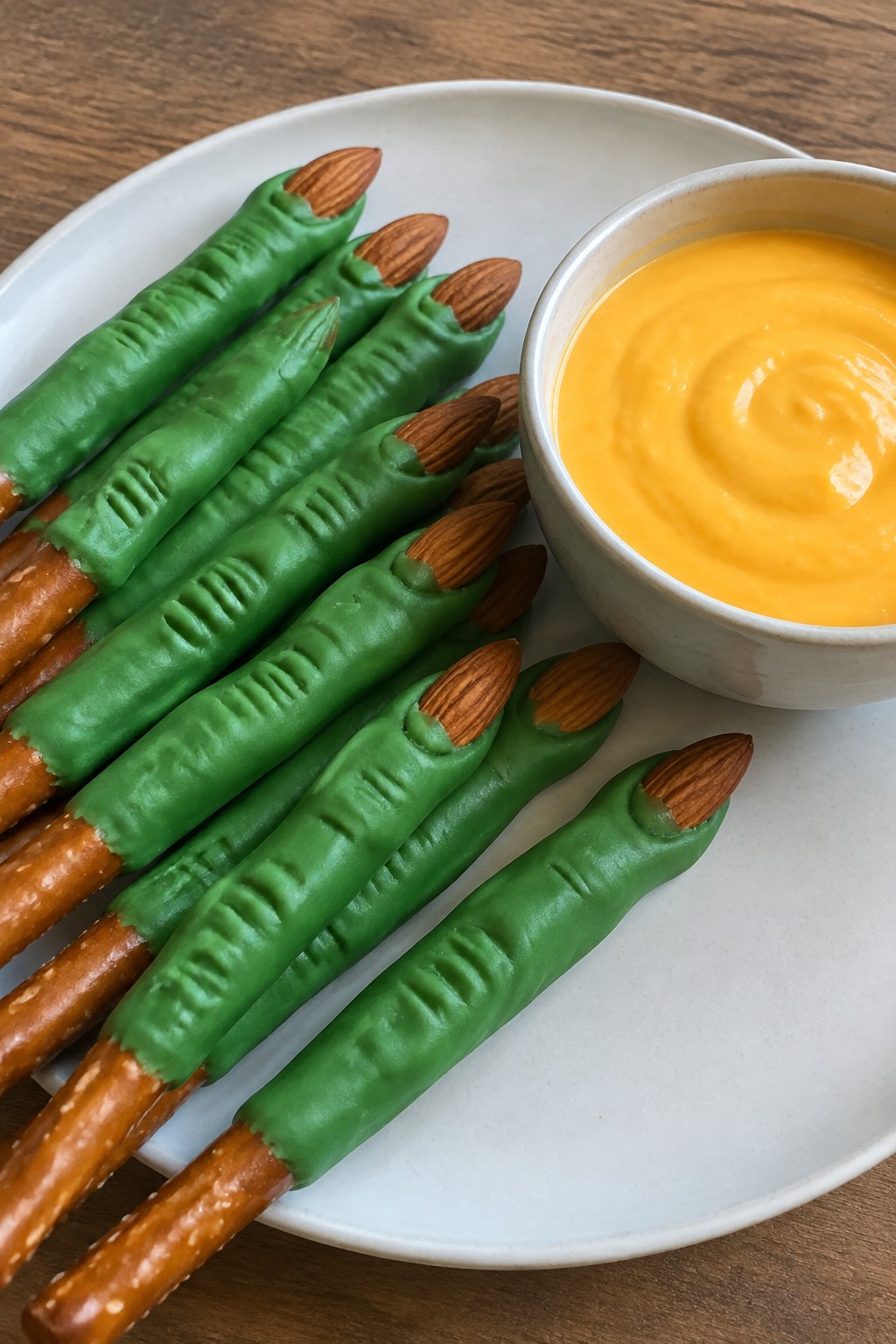Witch Finger Pretzel Rods with Cheese Dip