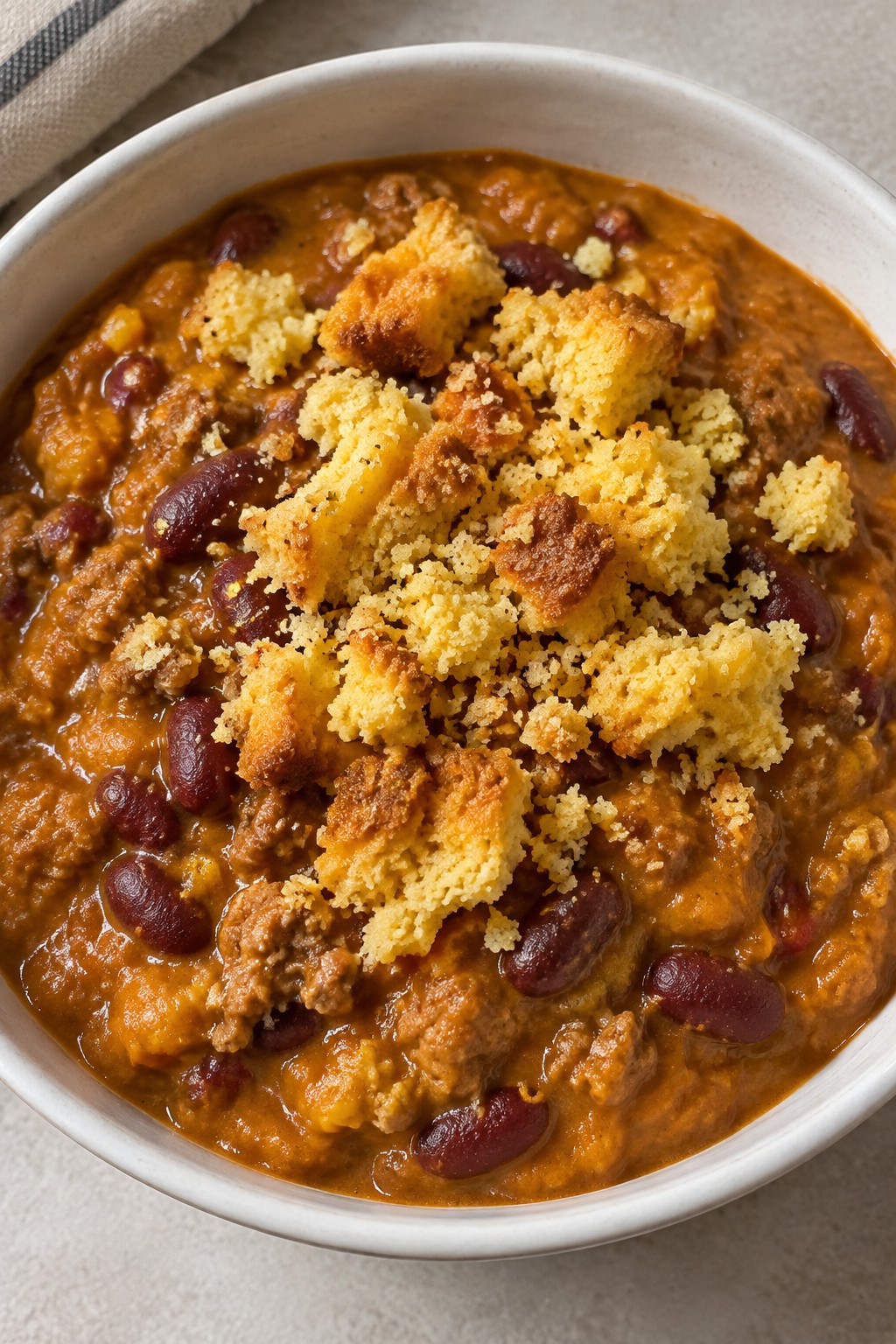 Spiced Pumpkin Chili with Cornbread Crumbles