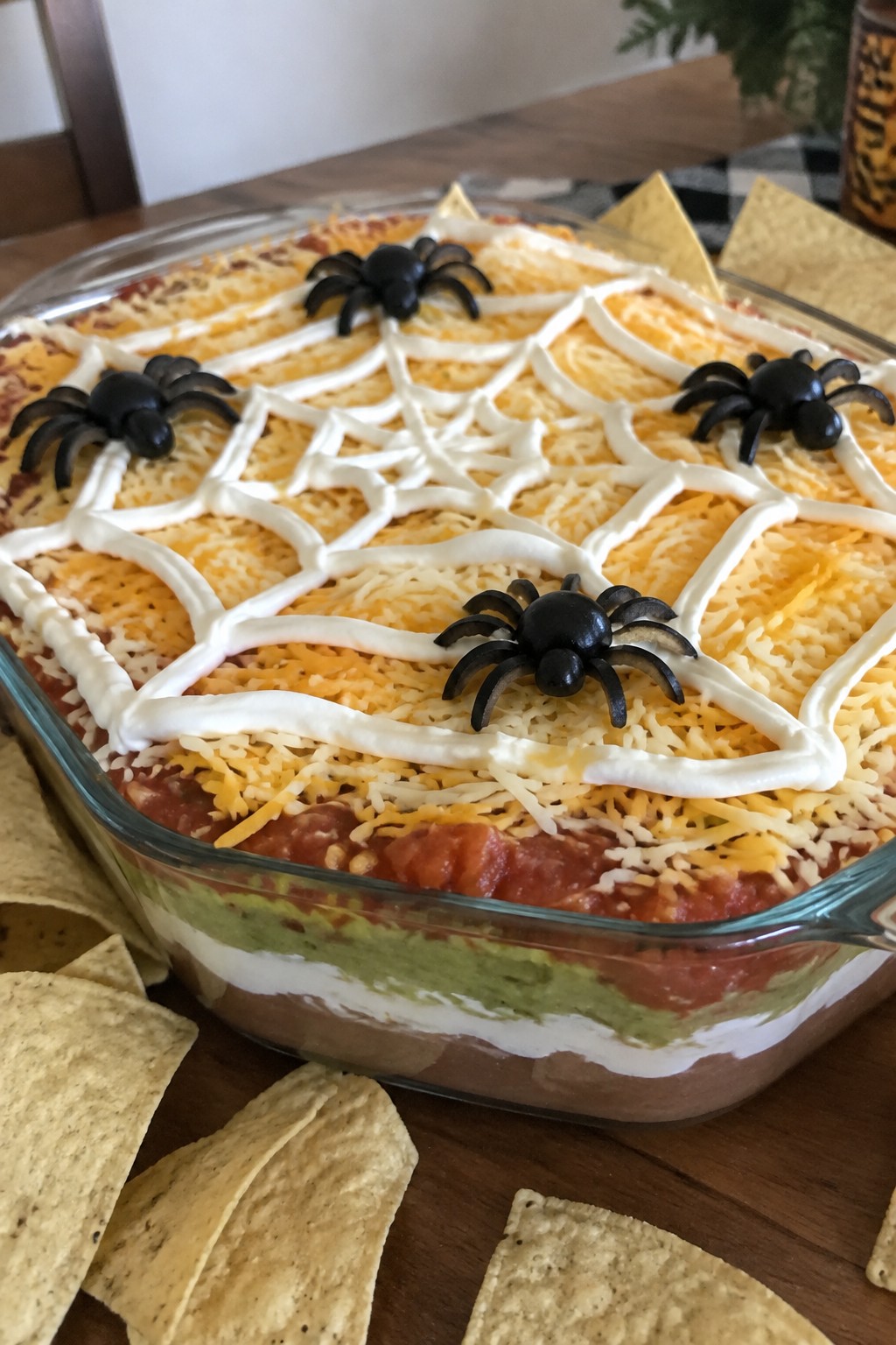 Spiderweb Seven-Layer Taco Dip with Tortilla Chips
