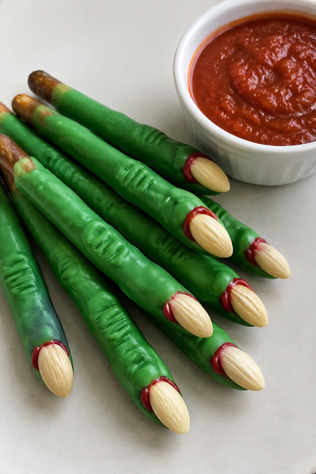 Witch Finger Pretzel Rods with Almond Nails and Marinara